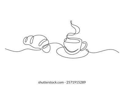 One continuous line drawing croissant with coffee mug. Breakfast in simple linear style, Pastry Croissant. Coffee cup and croissant continuous line drawing. Vector illustration isolated on white.