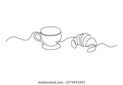 One continuous line drawing croissant with coffee mug. Breakfast in simple linear style, Pastry Croissant. Coffee cup and croissant continuous line drawing. Vector illustration isolated on white.