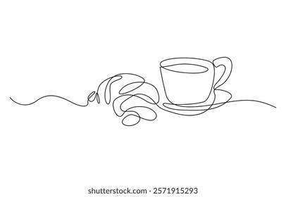 One continuous line drawing croissant with coffee mug. Breakfast in simple linear style, Pastry Croissant. Coffee cup and croissant continuous line drawing. Vector illustration isolated on white.