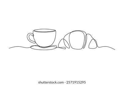 One continuous line drawing croissant with coffee mug. Breakfast in simple linear style, Pastry Croissant. Coffee cup and croissant continuous line drawing. Vector illustration isolated on white.