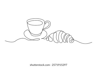 One continuous line drawing croissant with coffee mug. Breakfast in simple linear style, Pastry Croissant. Coffee cup and croissant continuous line drawing. Vector illustration isolated on white.