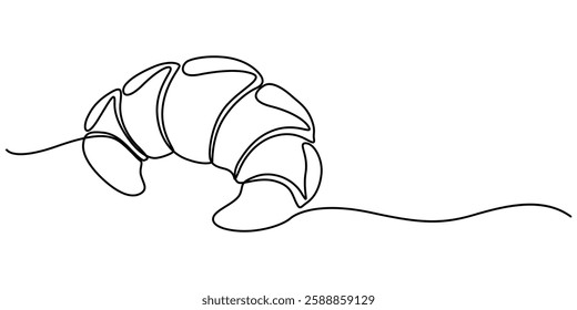 One Continuous Line Drawing of Croissant Icon. Single Line Vector Illustration, Continuous one line drawing of croissant for logo in minimalist style. Hand drawn french pastry line sketch for print. 