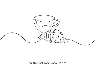 One continuous line drawing croissant with coffee mug. Breakfast in simple linear style, breakfast with croissant and coffee drawn in one line style