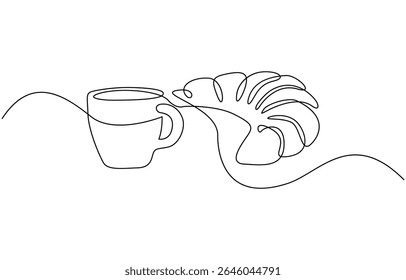 One continuous line drawing croissant with coffee mug. Breakfast in simple linear style, breakfast with croissant and coffee drawn in one line style