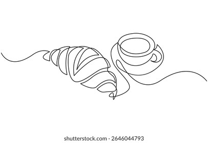 One continuous line drawing croissant with coffee mug. Breakfast in simple linear style, breakfast with croissant and coffee drawn in one line style
