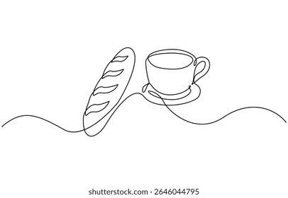 One continuous line drawing croissant with coffee mug. Breakfast in simple linear style, breakfast with croissant and coffee drawn in one line style