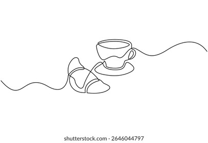 One continuous line drawing croissant with coffee mug. Breakfast in simple linear style, breakfast with croissant and coffee drawn in one line style