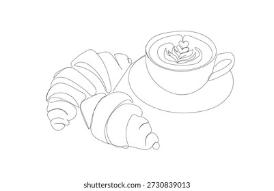  Um croissant de linha contínua com caneca de café. Café da manhã em estilo linear simples. Croissant de pastelaria. Ilustração vetorial isolada. Vetor feito à mão não Al.
