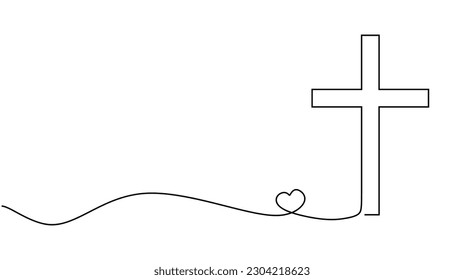 One Continuous line drawing cross of christ and heart. Cross symbol of Christianity isolated on white background. Hand drawn one line symbol of religion. Vector illustration