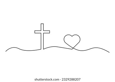 One Continuous line drawing cross of christ and heart. Vector illustration. EPS 10.