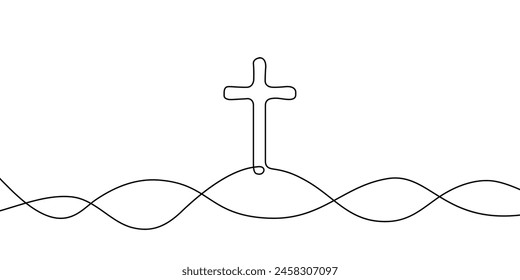 One continuous line drawing cross over the waves. Christianity and baptism symbol. Vector illustration