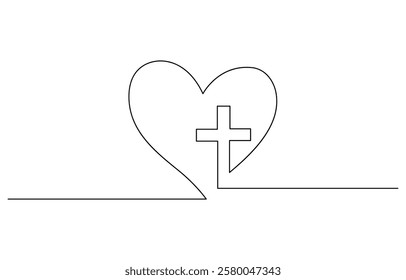 One continuous line drawing cross of christ with love sign vector illustration, Christianity love. Heart and cross. Continuous line drawing. Religion concept.