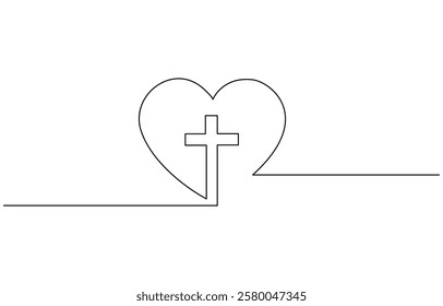 One continuous line drawing cross of christ with love sign vector illustration, Christianity love. Heart and cross. Continuous line drawing. Religion concept.