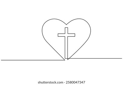 One continuous line drawing cross of christ with love sign vector illustration, Christianity love. Heart and cross. Continuous line drawing. Religion concept.