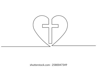 One continuous line drawing cross of christ with love sign vector illustration, Christianity love. Heart and cross. Continuous line drawing. Religion concept.