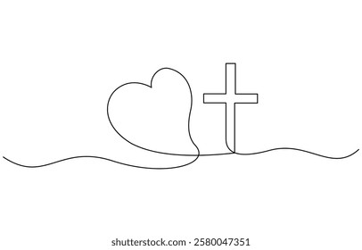 One continuous line drawing cross of christ with love sign vector illustration, Christianity love. Heart and cross. Continuous line drawing. Religion concept.