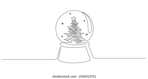 One Continuous Line Drawing Of Crystal Snow Globe With Xmas Tree. Magic Glass Ball For Winter Xmas Holiday Concept In Simple Linear Style. Editable Stroke. Doodle Vector Illustration.