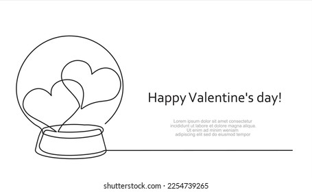 One continuous line drawing of crystal snow globe with two hearts. Magic glass ball for valentine's day concept in simple linear style.
