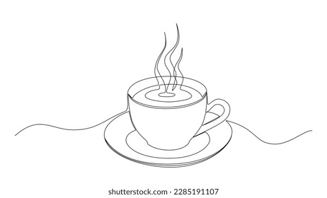 One continuous line drawing of a Cup of hot coffee with steam in silhouette sketch on white background. Simple linear style. Doodle vector illustration