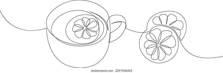 One continuous line drawing of cup of tea with lemon. Teacup modern single line draw design. Minimalist relax time concept. Vector illustration.