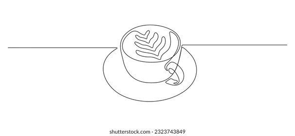 Un plano de línea continua de café con arte de café con leche. Concepto moderno y minimalista de desayuno para menú de café y banner web de estilo lineal simple. Trazo editable. Ilustración de Doodle Vector