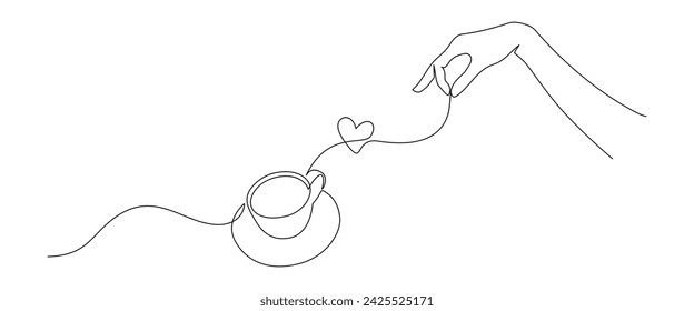 One continuous line drawing of cup of coffee with hand. Minimalistic web banner of hot drink and mug of tea with love for logo in simple linear style. Editable stroke. Doodle vector illustration