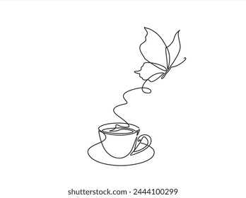 One continuous line drawing of cup coffee with butterfly. Minimalist silhouette concept breakfast for cafe menu and web banner in simple linear style. Vector illustration