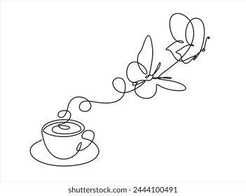 One continuous line drawing of cup coffee with butterfly. Minimalist silhouette concept breakfast for cafe menu and web banner in simple linear style. Vector illustration