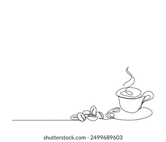 One continuous line drawing Cup of Coffee with coffee beans. A cup of coffee simple outline vector.