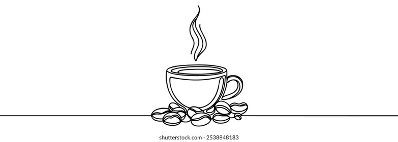 One continuous line drawing Cup of Coffee with coffee beans. A cup of coffee simple outline vector.