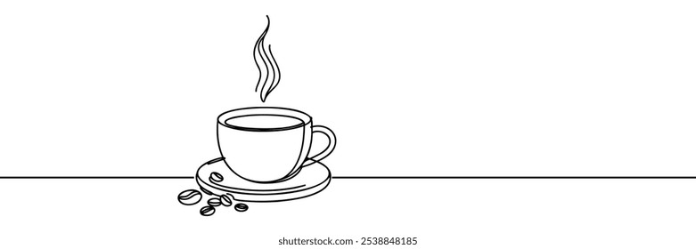 One continuous line drawing Cup of Coffee with coffee beans. A cup of coffee simple outline vector.