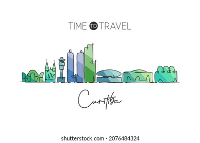 One continuous line drawing Curitiba city skyline, Brazil. Beautiful landmark postcard. World landscape tourism and travel vacation. Editable stylish stroke single line draw design vector illustration