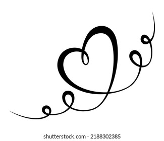 One continuous line drawing of curve with Heart. Decorative border for valentines, marriage, mother day, greeting invitation. Vintage ornament and decorative divider. Editable outline on white. Vector