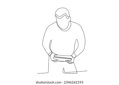 One continuous line drawing of a customer is checking the book he wants to borrow

