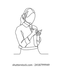 One continuous line drawing of customer service who is receiving calls from customers and serving request from these customers vector illustration. Customer service activity illustration simple linear