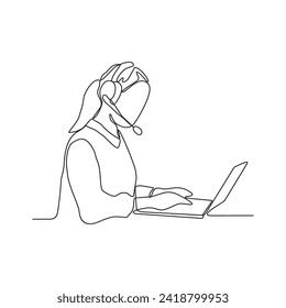 One continuous line drawing of customer service who is receiving calls from customers and serving request from these customers vector illustration. Customer service activity illustration simple linear