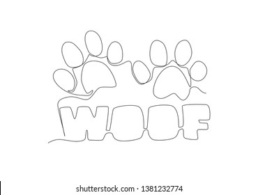 One continuous line drawing of cute adorable typography animal pet quote - Woof for puppy dog sound. Calligraphic design for print, card, banner, poster. Single line draw design vector illustration