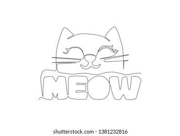 One continuous line drawing of cute and adorable typography animal quote - Meow for kitty kitten cat sound. Calligraphic design for print, card, banner, poster. Single line draw design illustration