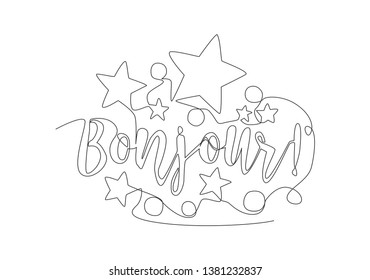 One continuous line drawing of cute and adorable typography quote - Bonjour. Calligraphic design for print, greeting card, banner, label, poster. Single line draw design vector graphic illustration