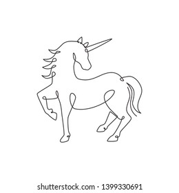 One continuous line drawing of cute beauty unicorn for company logo identity. Kids fantasy dream concept about mammal animal creature. Trendy single line draw vector design graphic illustration