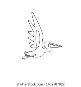 One continuous line drawing of cute pelican for delivery service company logo identity. Large bird mascot concept for product shipping service enterprise. Single line draw vector design illustration