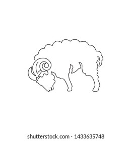 One continuous line drawing of cute sheep for livestock logo identity. Funny lamb mascot emblem concept for cattle icon. Dynamic single line draw graphic design vector illustration