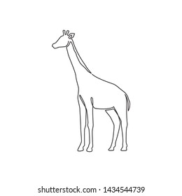 One continuous line drawing of cute giraffe for national zoo logo identity. Adorable tall animal mascot concept for conservation park icon. Trendy single line draw design vector graphic illustration