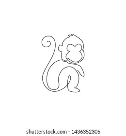 One continuous line drawing cute sitting monkey for conservation jungle logo identity  Adorable primate animal mascot concept for national park icon  Single line draw design vector illustration