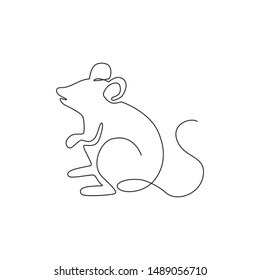 One continuous line drawing of cute standing mouse for logo identity. Funny rodent animal mascot concept for pest control icon. Trendy single line draw design vector graphic illustration