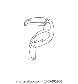 One continuous line drawing of cute toucan bird with big beak for logo identity. Exotic animal mascot concept for national conservation park icon. Single line draw design graphic vector illustration