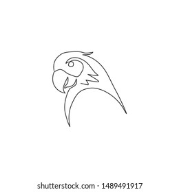 One continuous line drawing of cute parrot bird head for logo identity. Aves animal mascot concept for national conservation park icon. Trendy single line draw design vector graphic illustration