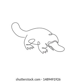 One continuous line drawing of cute platypus for logo identity. Australian mammal animal mascot concept for national conservation park icon. Modern single line graphic draw design vector illustration