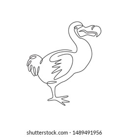 One continuous line drawing of cute funny dodo bird for logo identity. Extinct animal mascot concept for museum zoo icon. Trendy single line draw design graphic vector illustration