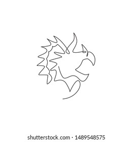 One continuous line drawing of cute head triceratops prehistory animal for logo identity. Dinosaurs mascot concept for prehistoric museum icon. Single line draw graphic design vector illustration